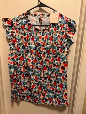 BloomChic Floral Ruffle Neck Cap Sleeve Top - Red, Green, Blue, Black